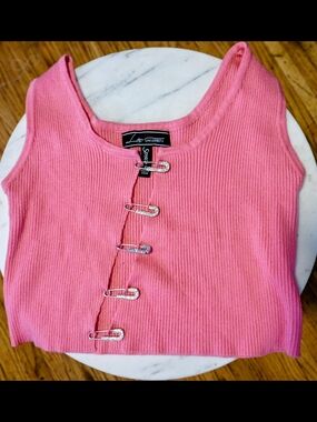 Pink Ribbed Tank with Safety Pin Detail
